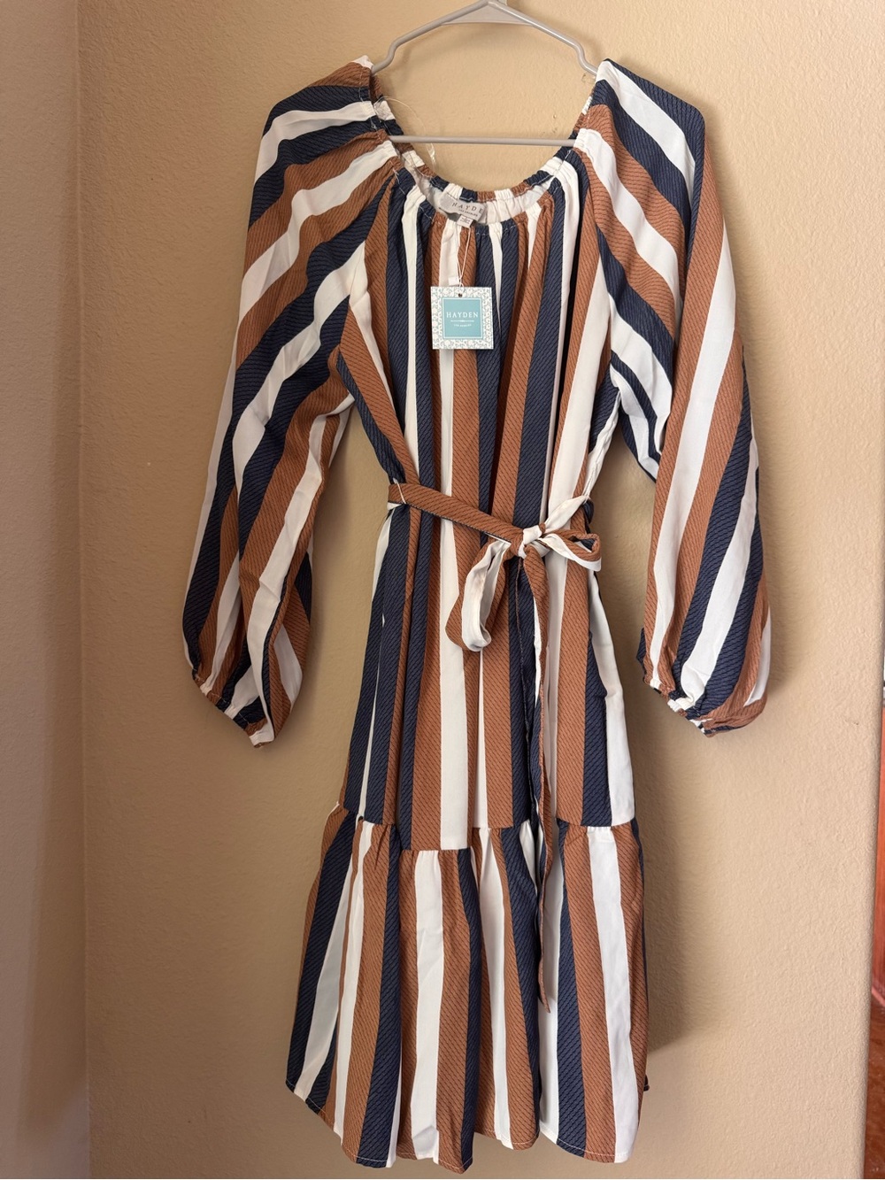 NWT Hayden Los Angeles Striped Belted Dress in Navy, Brown & White